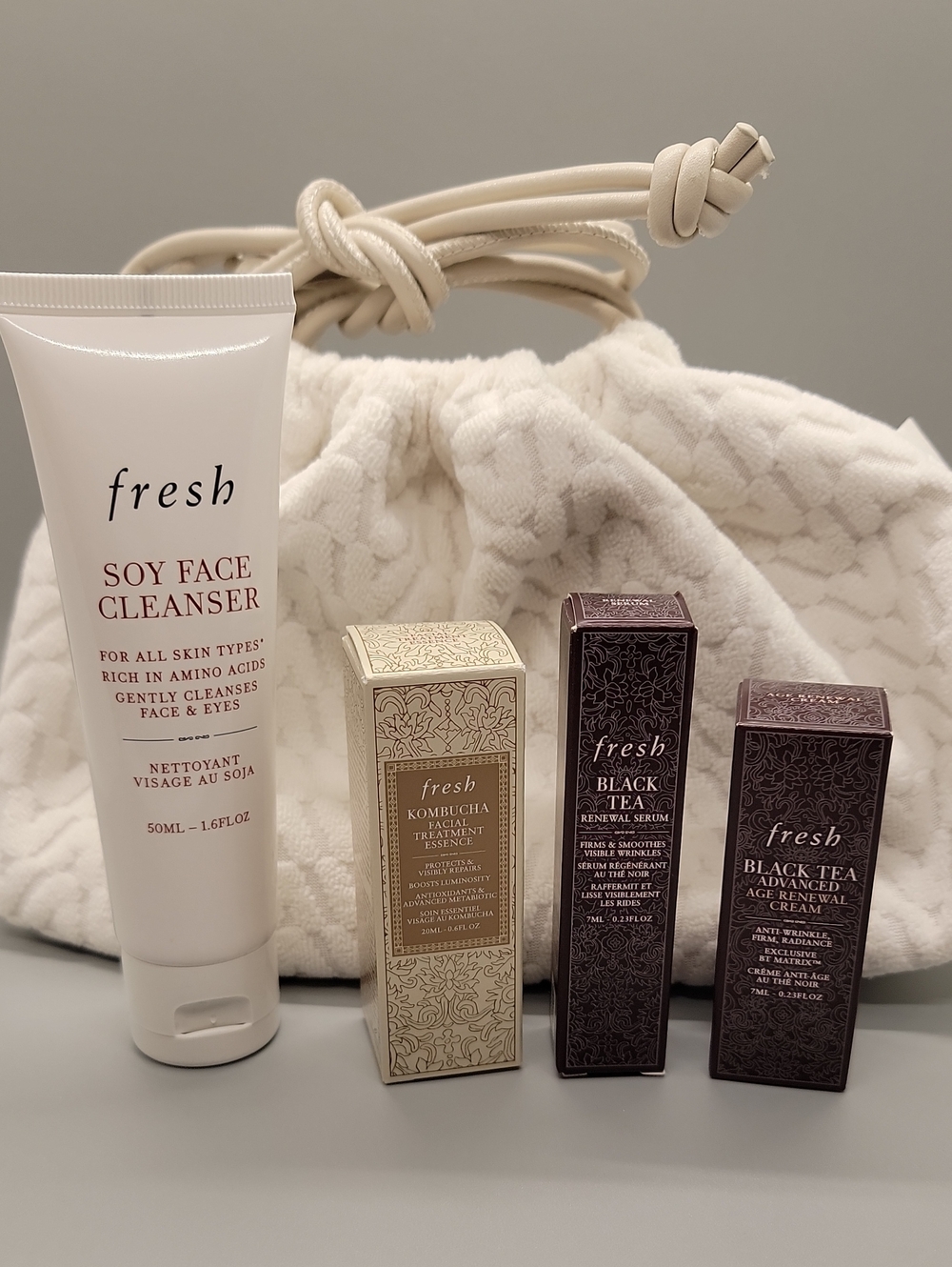 Fresh 5 pc. Bundle --- Soy Cleanser, Kombucha Essence, Black Tea Serum & Cream